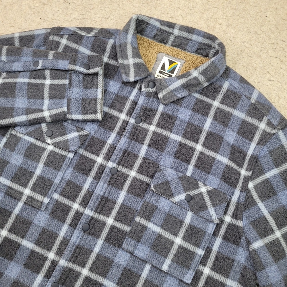 VOYAGER Men's M Heavyweight Polar Fleece Shirt Jacket Sherpa Lined Blue Plaid